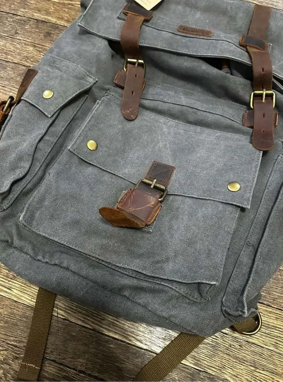 Kattee Vintage Waxed Canvas and Leather Rucksack Backpack Outdoor Travel Work